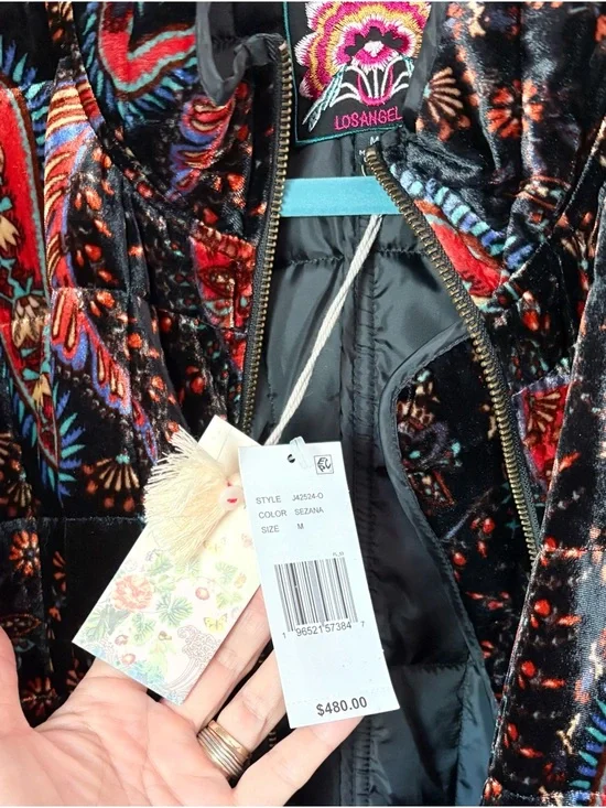 Johnny Was Black Velvet Paisley Bomber Jacket with Red & Blue Accents - Picture 3 of 6